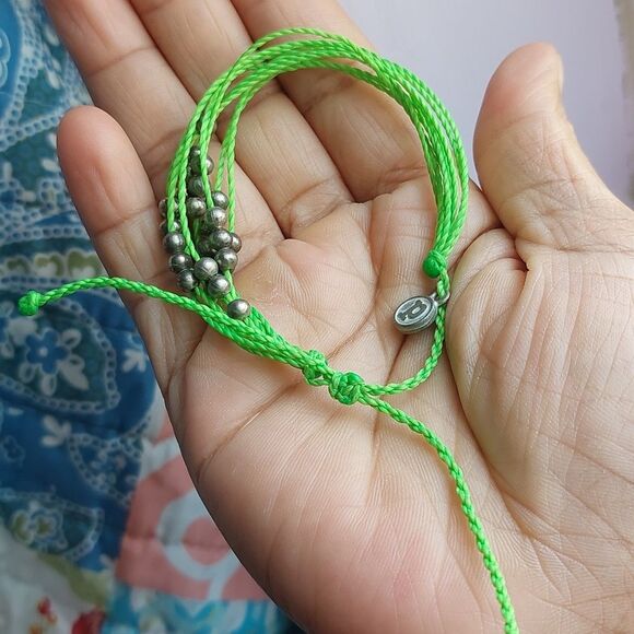 Pura Vida Green Multistrand Adjustable Cord Bracelet with Silver Tone Ball Beads - Picture 2 of 3